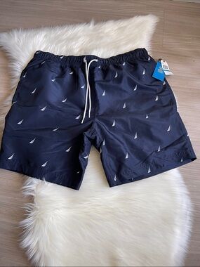 Nautica Navy Swim Trunks with White Sail Motif